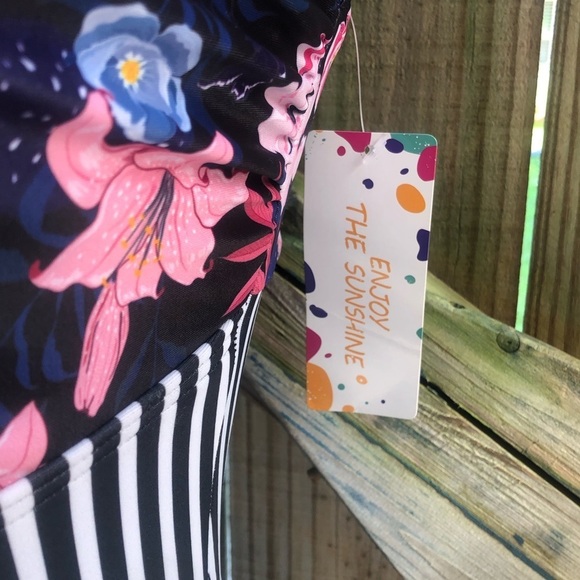 Enjoy the Sunshine New Floral & Stripe High Waisted Cut Out One Piece Swimsuit L - Picture 3 of 5